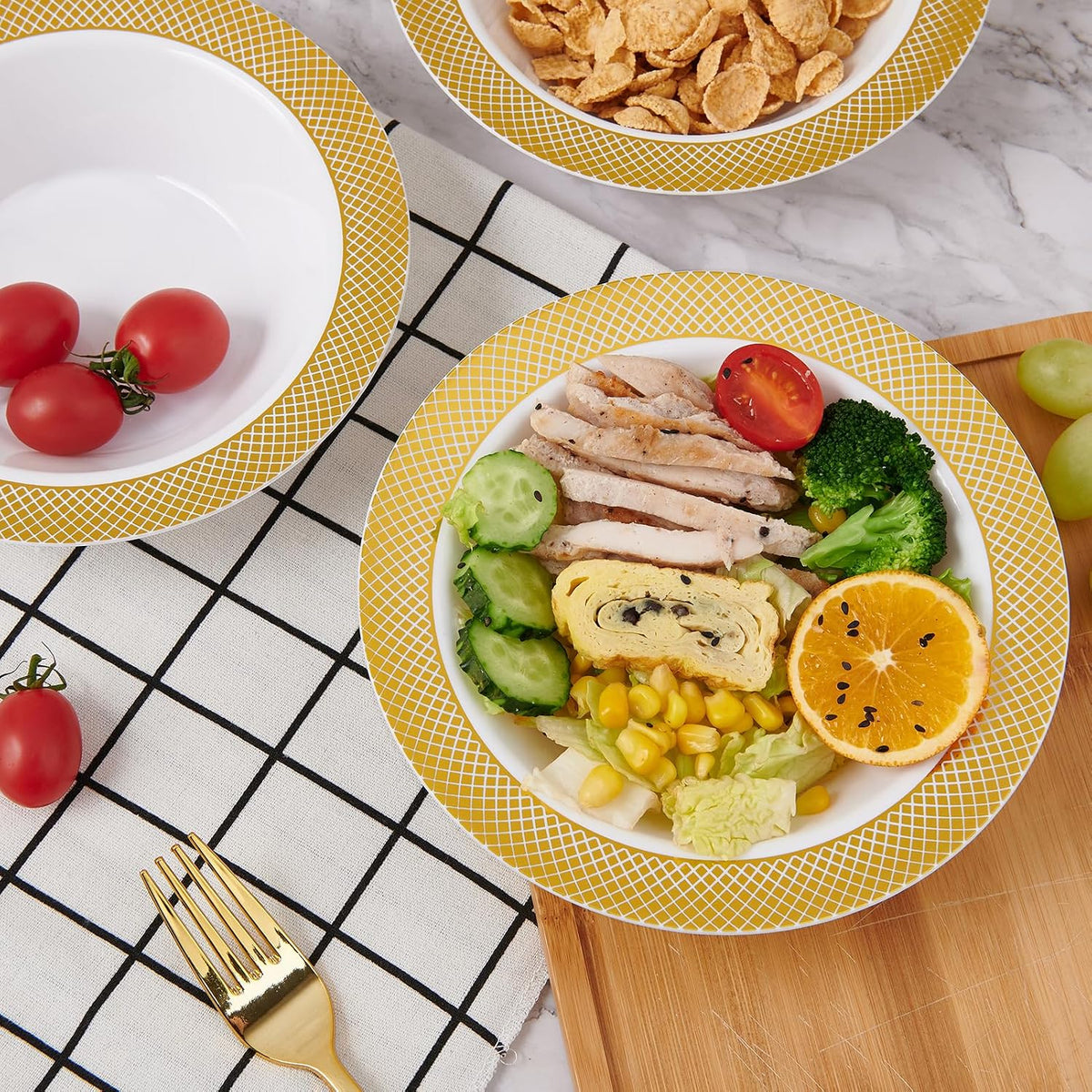 JOLLY CHEF Plastic Bowls with Gold Grid Rim Disposable 12oz Bolws 50Pack