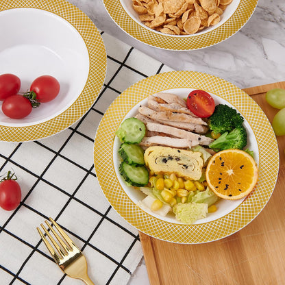 JOLLY CHEF Plastic Bowls with Gold Grid Rim Disposable 12oz Bolws 50Pack