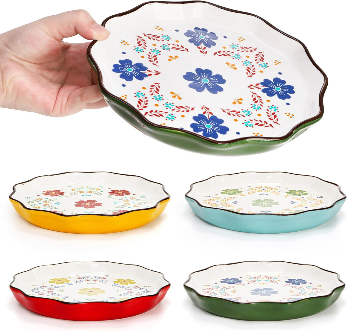 Pumtus 4 Pack Ceramic Dessert Plates, 7.5 Inch Small Floral Dinner Appetizer Plate, Lunch Salad Serving Dishes, Vintage Flat Pasta Bowl for Steak Fruit Pizza, Dishwasher & Microwave Safe
