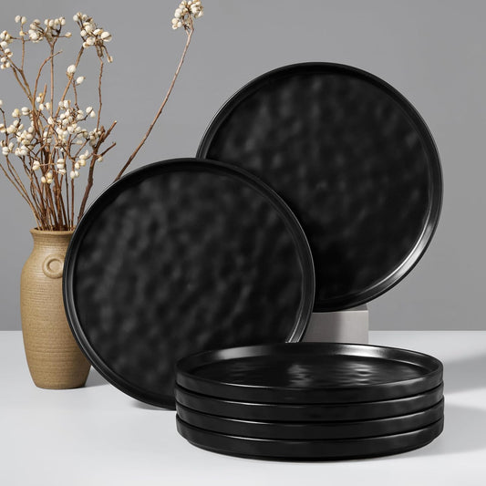 HaWare Stoneware Dinner Plates Set of 6, 10" Heavy Duty Ceramic Plate, Reactive Glaze Ripple Dinnerware for Home Restaurant, Chip and Scratch Resistant, Microwave and Dishwasher Safe, Matte Black