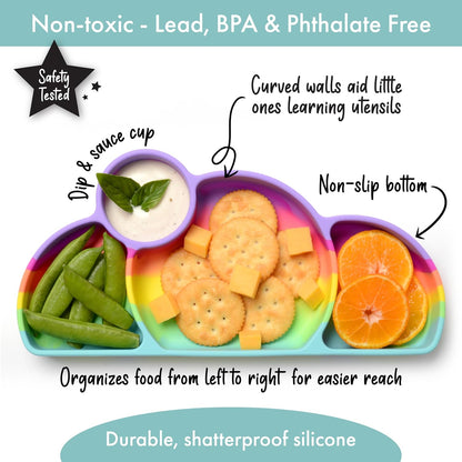 PrimaStella Silicone Easy-Reach Divided Toddler Plate - BPA Free - Microwave & Dishwasher Safe (Rainbow Swirl)