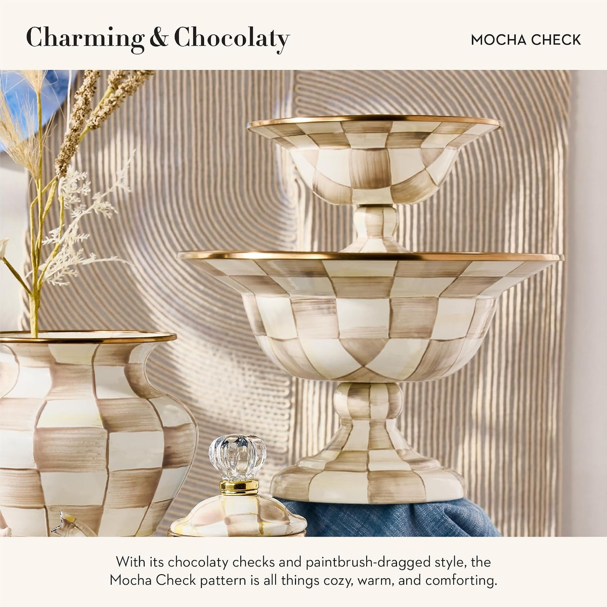 MACKENZIE-CHILDS Enamel Compote, Large, Brown-and-White Mocha Check
