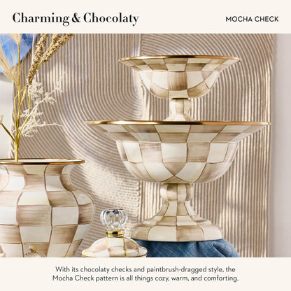 MACKENZIE-CHILDS Enamel Compote, Large, Brown-and-White Mocha Check