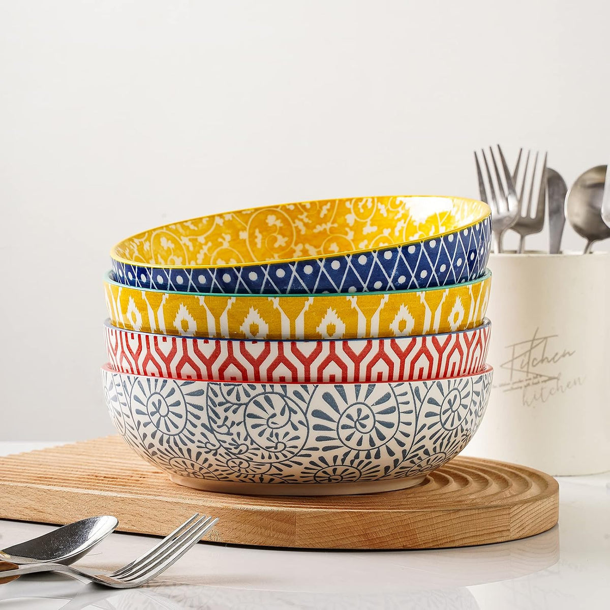Selamica Ceramic 30 Ounce Large Pasta Bowls Set of 4, 8 inch Salad Bowl Wide and Shallow Microwave Dishwasher Safe, Assorted Corlors