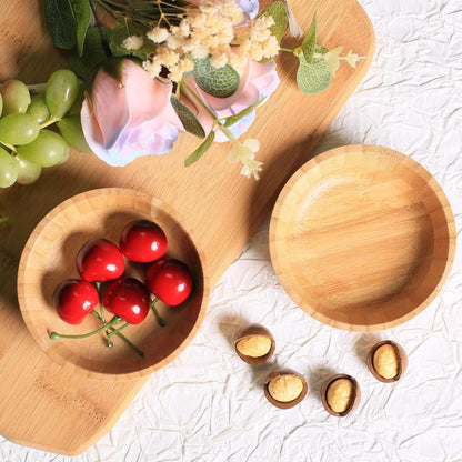 Small Bamboo Wooden Bowls Set of 2, Round Shallow Serving Bowls for Charcuterie/Fruit/Candy, 4 Inch Handmade Dipping Dishes for Spice/Salsa/Tomato Sauce