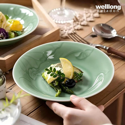 Deep Soup Plates Set of 2, 8.5" Longquan Celadon Ceramic Pasta Bowls