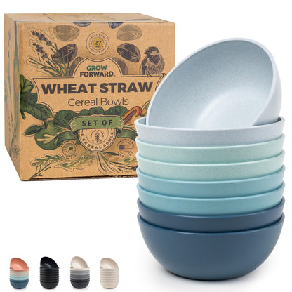 Grow Forward Premium Wheat Straw Bowls - 20oz Microwave Safe Plastic Cereal Bowls Set of 8 for Kitchen, Camping, RV, Dessert, Snack, Soup, Salad, Fruit - Reusable, Unbreakable & BPA Free - Sahara