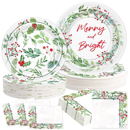 Christmas Plates and Napkins, Disposable Party Tableware Set, Serves 50