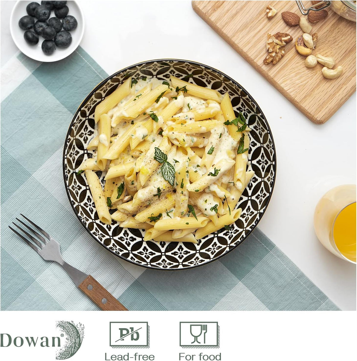 DOWAN 8.5" Vibrant Pasta, Salad & Soup Serving Bowls Set of 4, Embossed Large Porcelain Ceramic, Microwave, Oven & Dishwasher Safe, Bonita Design Perfect for Daily Dining, Family Gatherings, Party