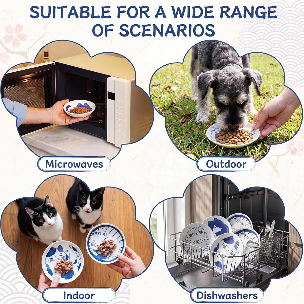 8 Pcs Kawaii Cat Ceramic Bowls Set, 4 Inch Shallow Cat Food Dish