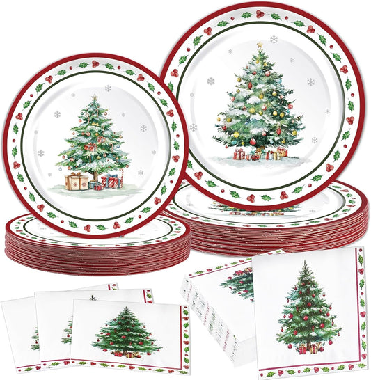 Christmas Plates and Napkins, Disposable Party Tableware Set, Serves 50