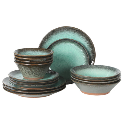 Gibson Elite Tribeca Loft 16-Piece Dinnerware Set – Matte Black and Blue Reactive Glaze Stoneware, Double Bowl Round Plates and Bowls – Modern Rustic Dinnerware for 4, Dishwasher & Microwave Safe