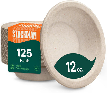 100% Compostable Paper Bowls - 12 oz [125-Pack] Heavy Duty Soup Bowls