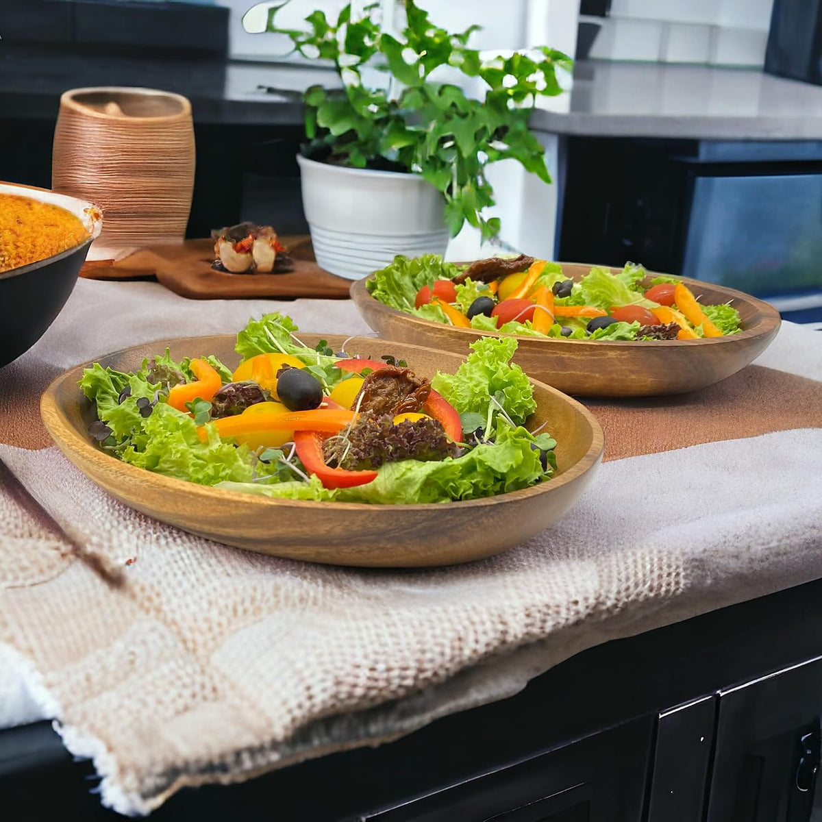 Acacia Wood Oval Shallow Bowls, Set of 2, Salad, Fruit, Bread & Snack Bowls