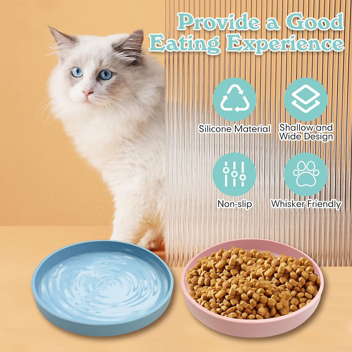 Silicone Cat Food Bowl Shallow Dishes 5.9in Wide Cats Bowls Set of 2 Kitty Plates Relief Whisker Fatigue Puppy Feeding Bowl for Dry Food and Wet Food Indoor (Round Green)