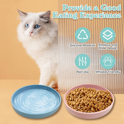 Silicone Cat Food Bowl Shallow Dishes 5.9in Wide Cats Bowls Set of 2 Kitty Plates Relief Whisker Fatigue Puppy Feeding Bowl for Dry Food and Wet Food Indoor (Round Green)