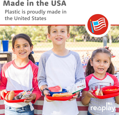 Re-Play Toddler Plates - 22 Oz. Deep-Walled Flat Kids Plates - Dishwasher & Microwave Safe - Made in USA - Set of 3-7.37" x 7.37" x 1.25" - True Blue