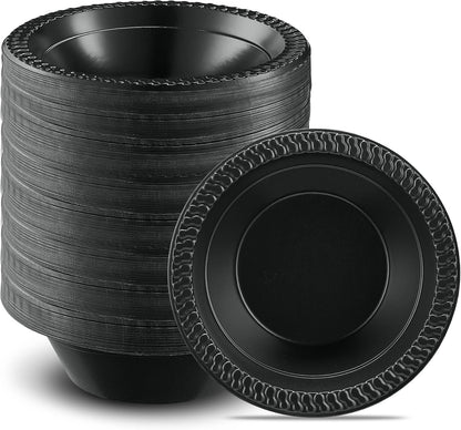 PLASTICPRO 100 PCS Black Plastic Bowls Light Weight 12 oz Plastic Soup Bowls Black Salad Plates Disposable for Party and Wedding