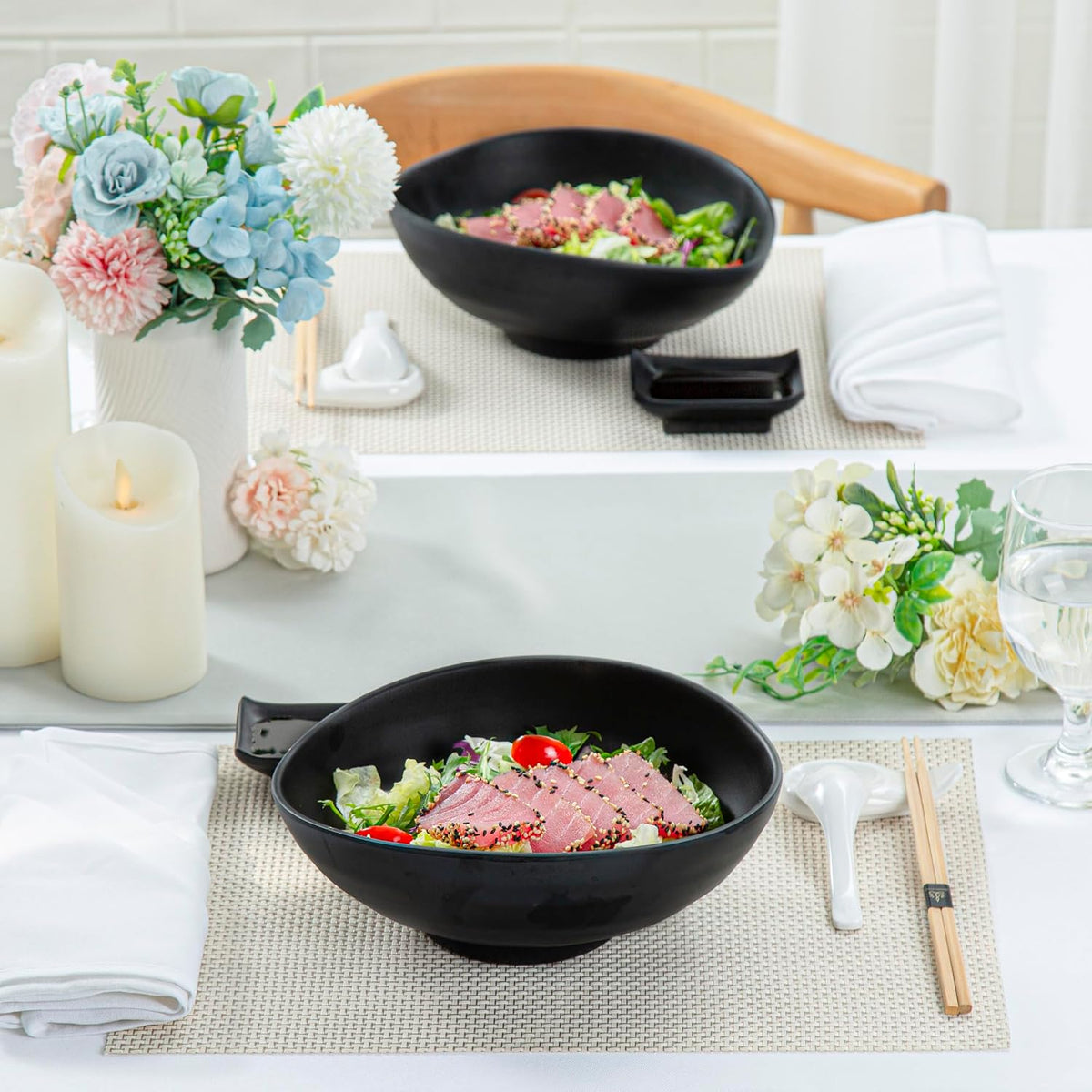 Restaurantware Voga 44 Ounce Serving Bowls 2 Premium Dinner Bowls - Top Rack Dishwashable Unique Black Melamine Salad Bowls Serve Hot And Cold Foods For Parties Or Events