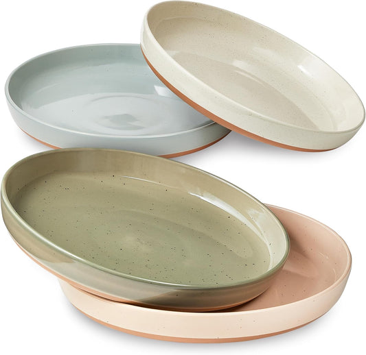 Sheffield Home Stoneware Pasta Bowls Set of 4 - 35oz Flat Salad Bowl & Plates for Dinner, Microwave, Oven & Dishwasher Safe - Durable for Everyday Use and Special Occasions - Assorted Neutrals