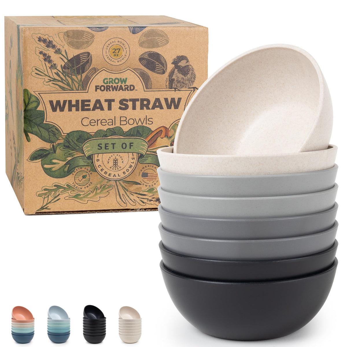 Grow Forward Premium Wheat Straw Bowls - 20oz Microwave Safe Plastic Cereal Bowls Set of 8 for Kitchen, Camping, RV, Dessert, Snack, Soup, Salad, Fruit - Reusable, Unbreakable & BPA Free - Sahara