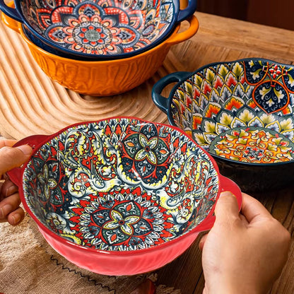 Bohemia Large Bowls with Handle, 40 oz Ceramic Soup Bowl for Salad, Pasta, Cereal,Fruit, Udon, Microwave & Dishwasher Safe (Orange)