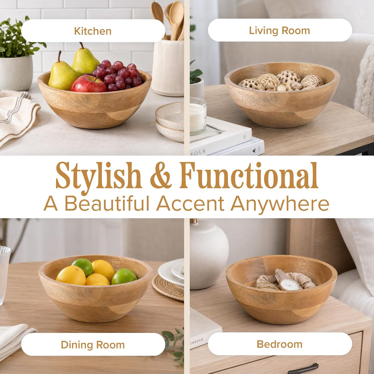Classic Cuisine Mango Wood Bowl, Decorative Serving Dish, 7.75”x7.75”x3”