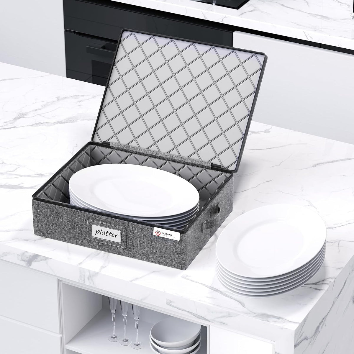 YearningHome China Storage Containers Hard Shell Box for Moving Dishes, Plate, Wine and Glasses, Dinnerware, Mugs, Saucers Quilted Organizer Dividers for Packing China Storage 2 Pack Platter Storage