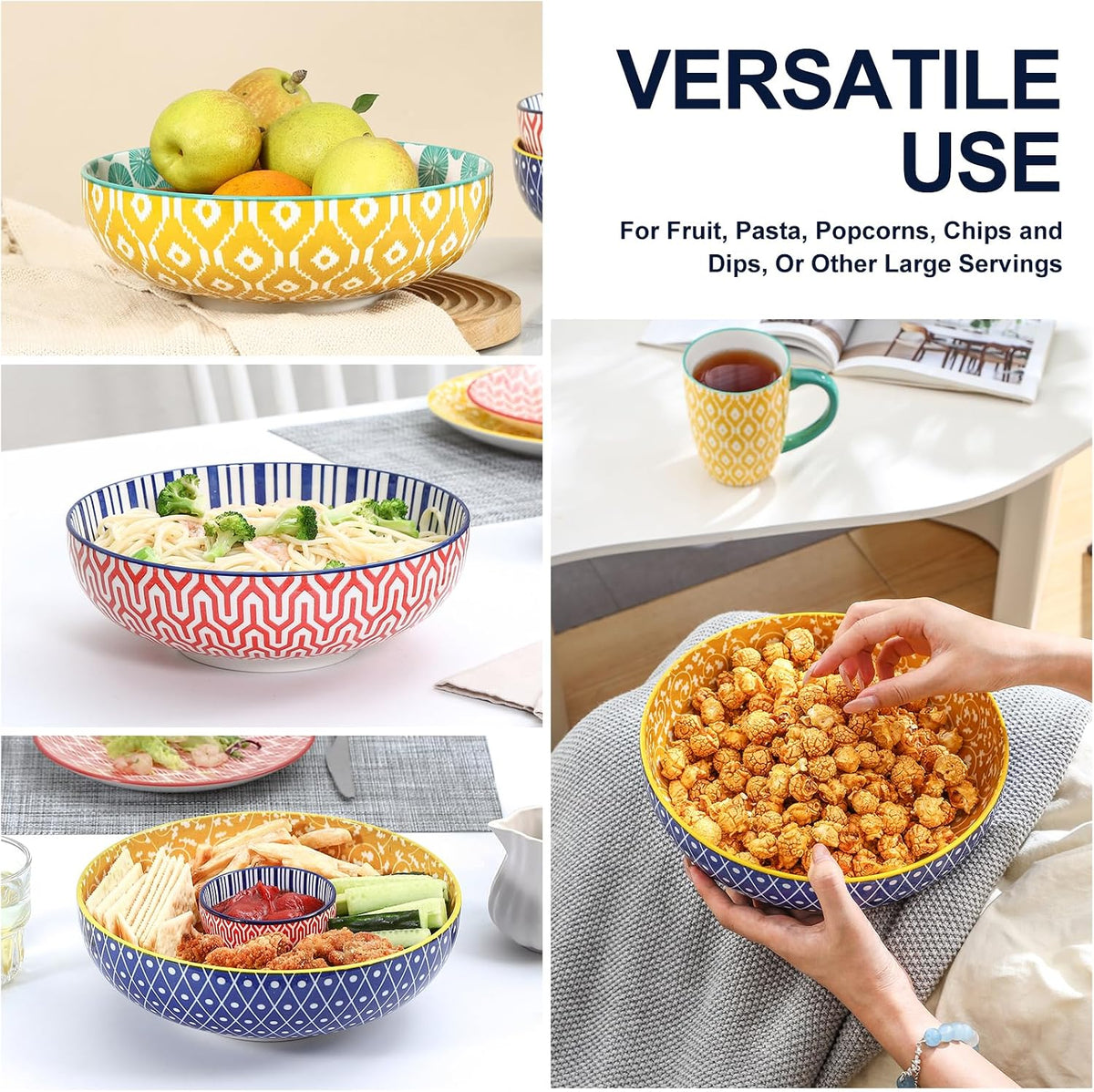 Selamica 60 OZ Ceramic Serving Bowls, Set of 3, Assorted Colors