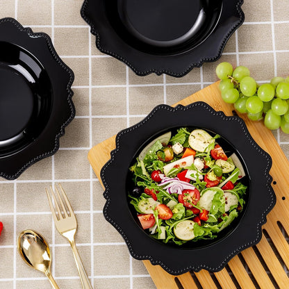 COLOSUS 60PCS Black Plastic Soup Bowls, 12oz Elegant Pearl Dessert Bowls.
