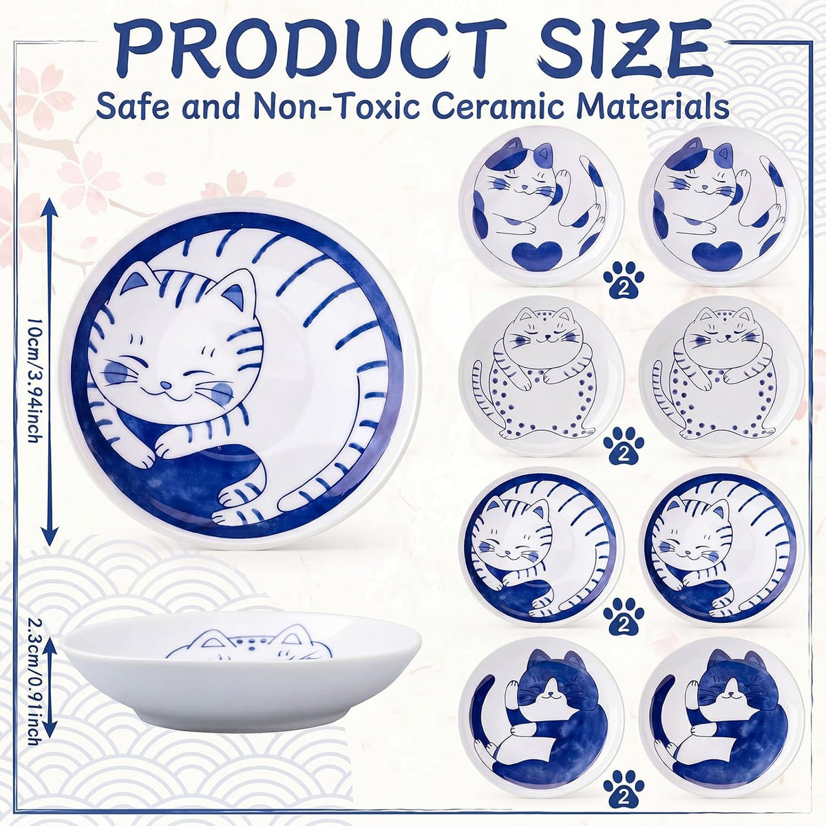 8 Pcs Kawaii Cat Ceramic Bowls Set, 4 Inch Shallow Cat Food Dish