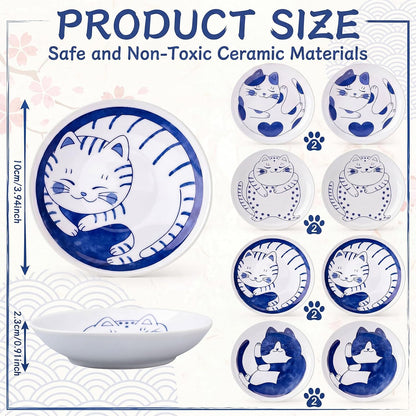 8 Pcs Kawaii Cat Ceramic Bowls Set, 4 Inch Shallow Cat Food Dish