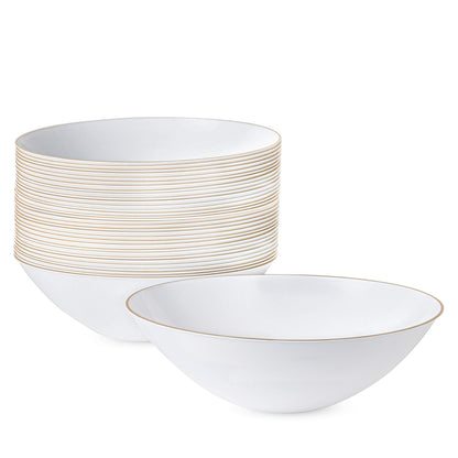 [16 OZ 40 Count] White Plastic Organic Party Soup bowls With Silver Rim Premium heavyweight Elegant Disposable Tableware Dishes