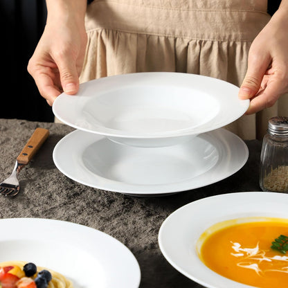 Ceramic Soup Bowls Shallow Plates, Halloween 4 Pack White Dinner Bowls Plates, Porcelain Wide Rim, 8.5" (8.5 oz) Shallow Bowls Ideal for Soup Dessert Salad and Pasta, Microwave and Dishwasher Safe