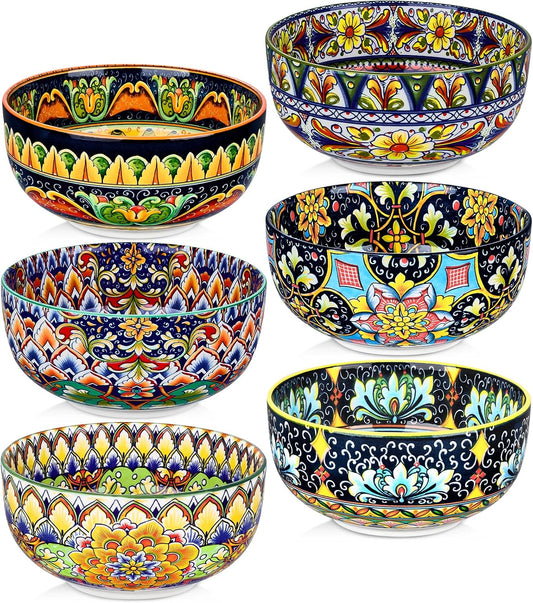 Meolibour Ceramic Cereal Bowls Set of 6, 28 oz Bohemian Soup Bowl, Colorful Bowls Set for Kitchen, Dessert Bowls for Salad, Pasta, Oatmeal, Ramen, Oatmeal, Fruit, Dishwasher & Microwave Safe
