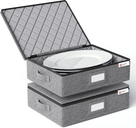 YearningHome China Storage Containers Hard Shell Box for Moving Dishes, Plate, Wine and Glasses, Dinnerware, Mugs, Saucers Quilted Organizer Dividers for Packing China Storage 2 Pack Platter Storage