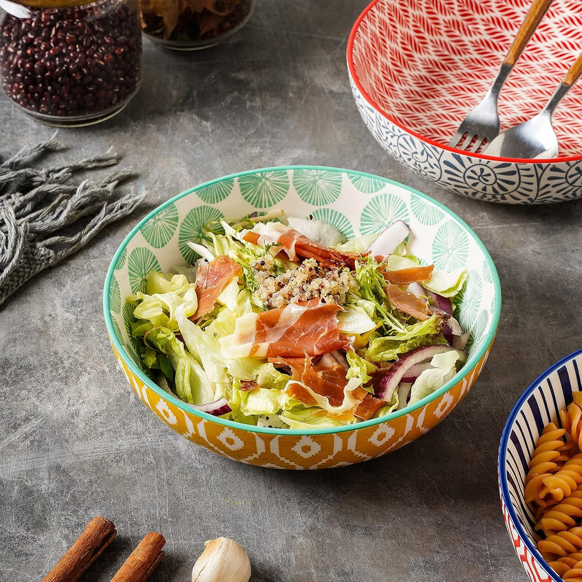 Selamica Ceramic 30 Ounce Large Pasta Bowls Set of 4, 8 inch Salad Bowl Wide and Shallow Microwave Dishwasher Safe, Assorted Corlors