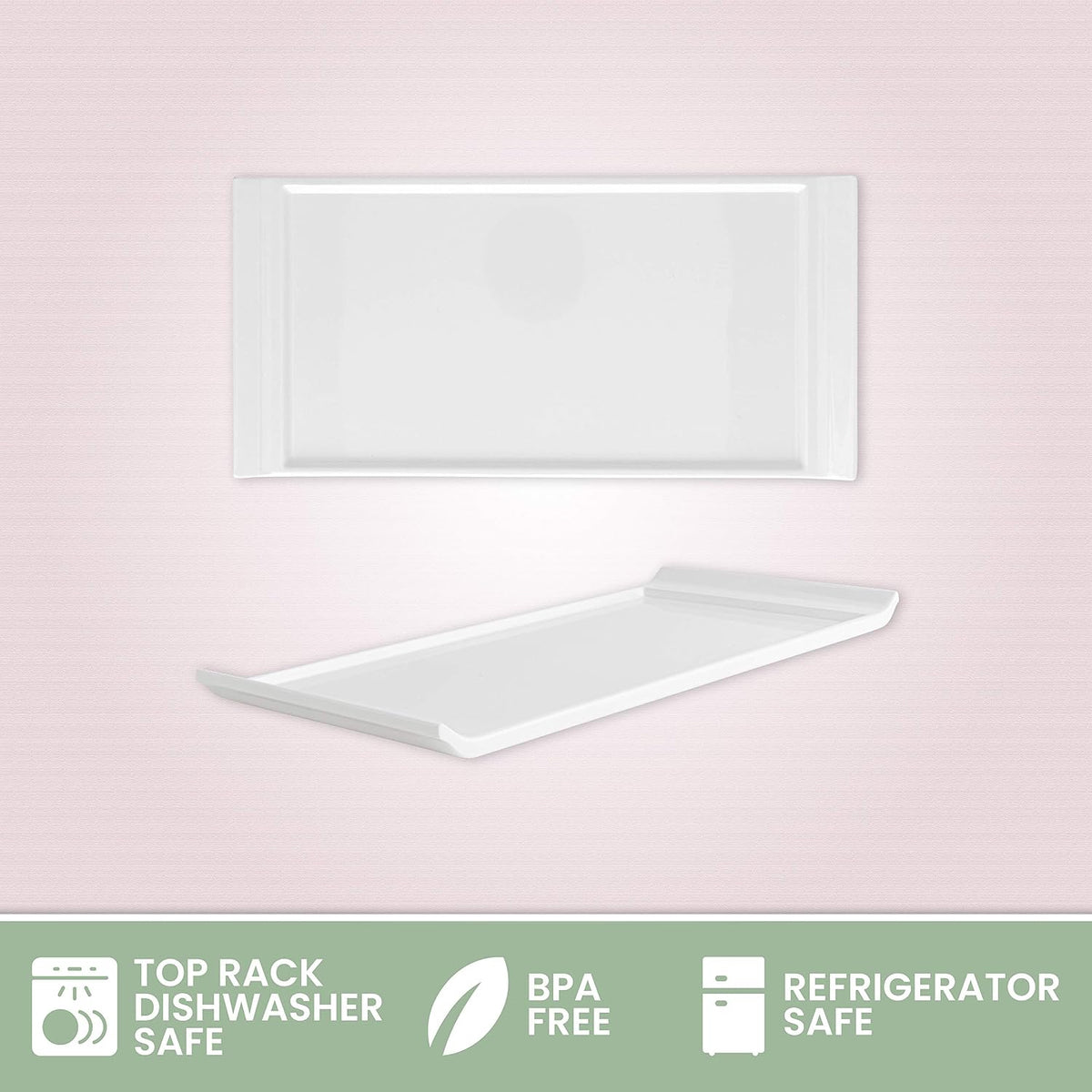 4 Plates Rectangular Dinner Plate 11" x 5.5" Super White, Elegant Dinnerware, 100% Melamine, Non Breakable, Durable