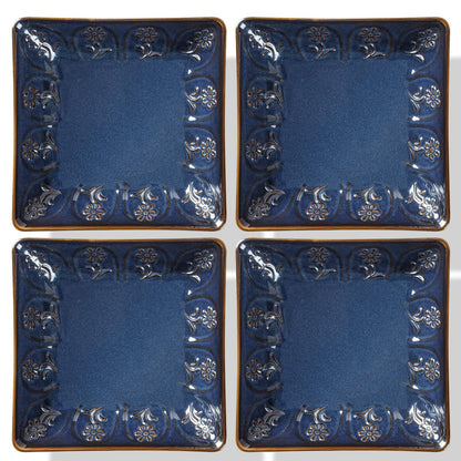 Artena Ceramic Square Dessert Plates Set of 4, 6 Inch Embossed Appetizer Plates for Snack, Bread, Sauce & Side Dish – Microwave & Dishwasher Safe, Scratch Resistant, White, Damask Floral