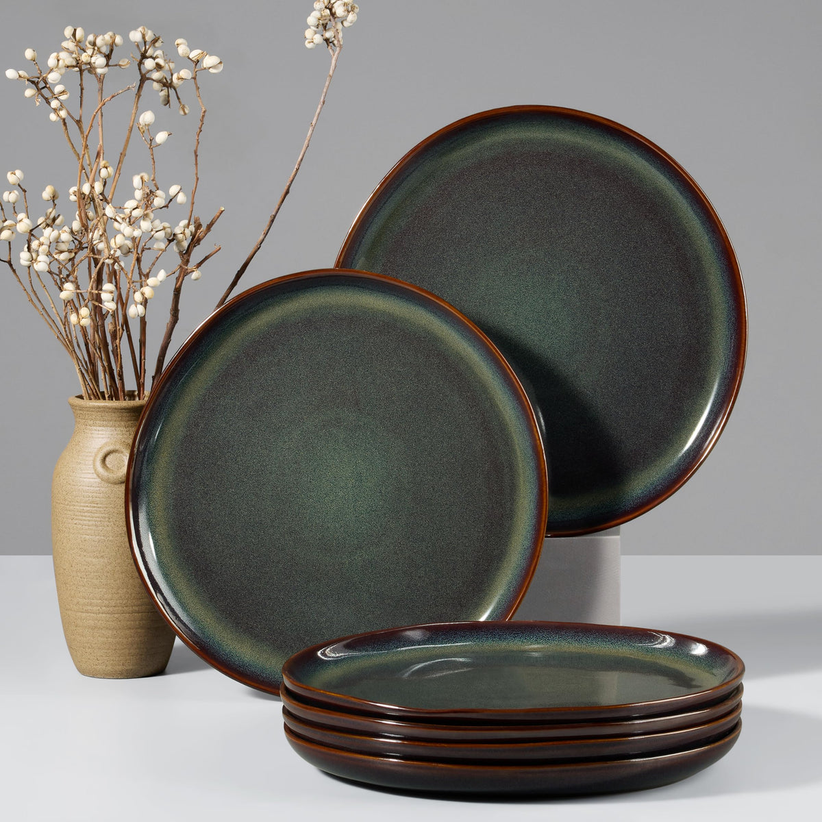 HaWare Stoneware Dinner Plates Set of 6, 10" Heavy Duty Ceramic Plate, Reactive Glaze Ripple Dinnerware for Home Restaurant, Chip and Scratch Resistant, Microwave and Dishwasher Safe, Matte Black