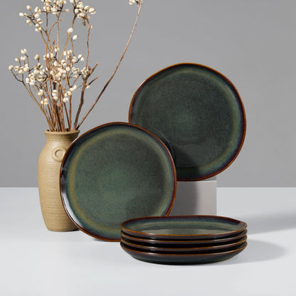 HaWare Stoneware Dinner Plates Set of 6, 10" Heavy Duty Ceramic Plate, Reactive Glaze Ripple Dinnerware for Home Restaurant, Chip and Scratch Resistant, Microwave and Dishwasher Safe, Matte Black