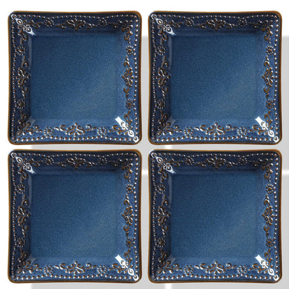 Artena Ceramic Square Dessert Plates Set of 4, 6 Inch Embossed Appetizer Plates for Snack, Bread, Sauce & Side Dish – Microwave & Dishwasher Safe, Scratch Resistant, White, Damask Floral