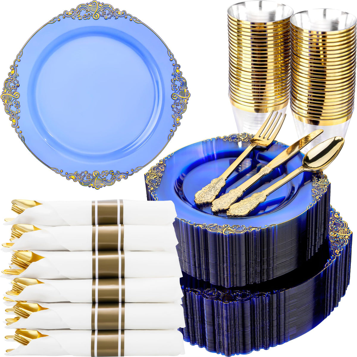 Nervure 350Pcs Gold Plastic Plates, Disposable Dinnerware Set for 50 Guests