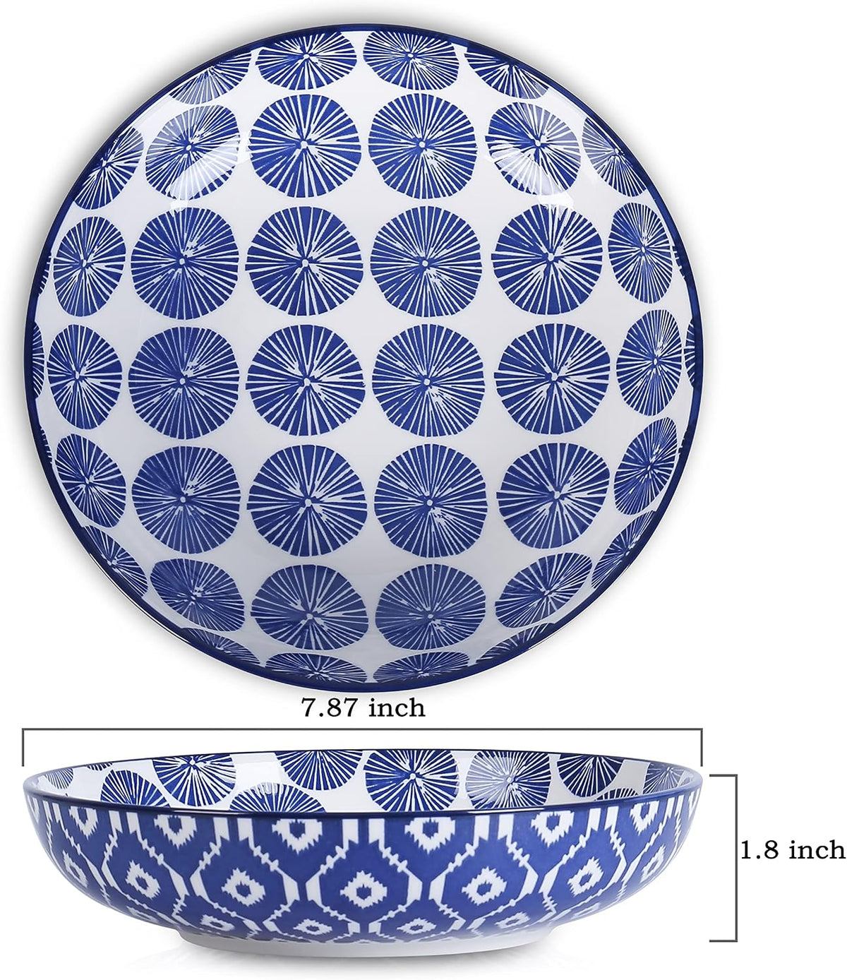 Selamica Porcelain 26 Ounce Pasta Bowls Set of 6, 8 inch Wide and Shallow Salad Bowls, Serving Bowls, Microwave & Dishwasher Safe, Sturdy & Stackable, Vintage Blue