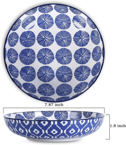 Selamica Porcelain 26 Ounce Pasta Bowls Set of 6, 8 inch Wide and Shallow Salad Bowls, Serving Bowls, Microwave & Dishwasher Safe, Sturdy & Stackable, Vintage Blue