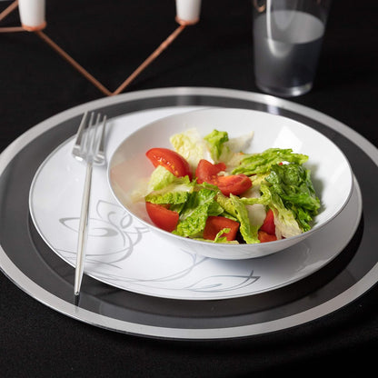 [16 OZ 40 Count] White Plastic Organic Party Soup bowls With Silver Rim Premium heavyweight Elegant Disposable Tableware Dishes