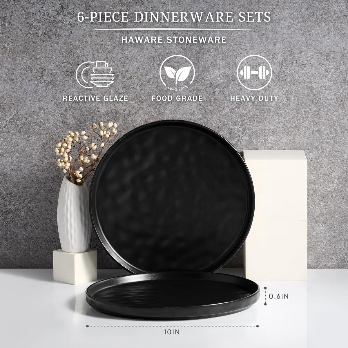 HaWare Stoneware Dinner Plates Set of 6, 10" Heavy Duty Ceramic Plate, Reactive Glaze Ripple Dinnerware for Home Restaurant, Chip and Scratch Resistant, Microwave and Dishwasher Safe, Matte Black