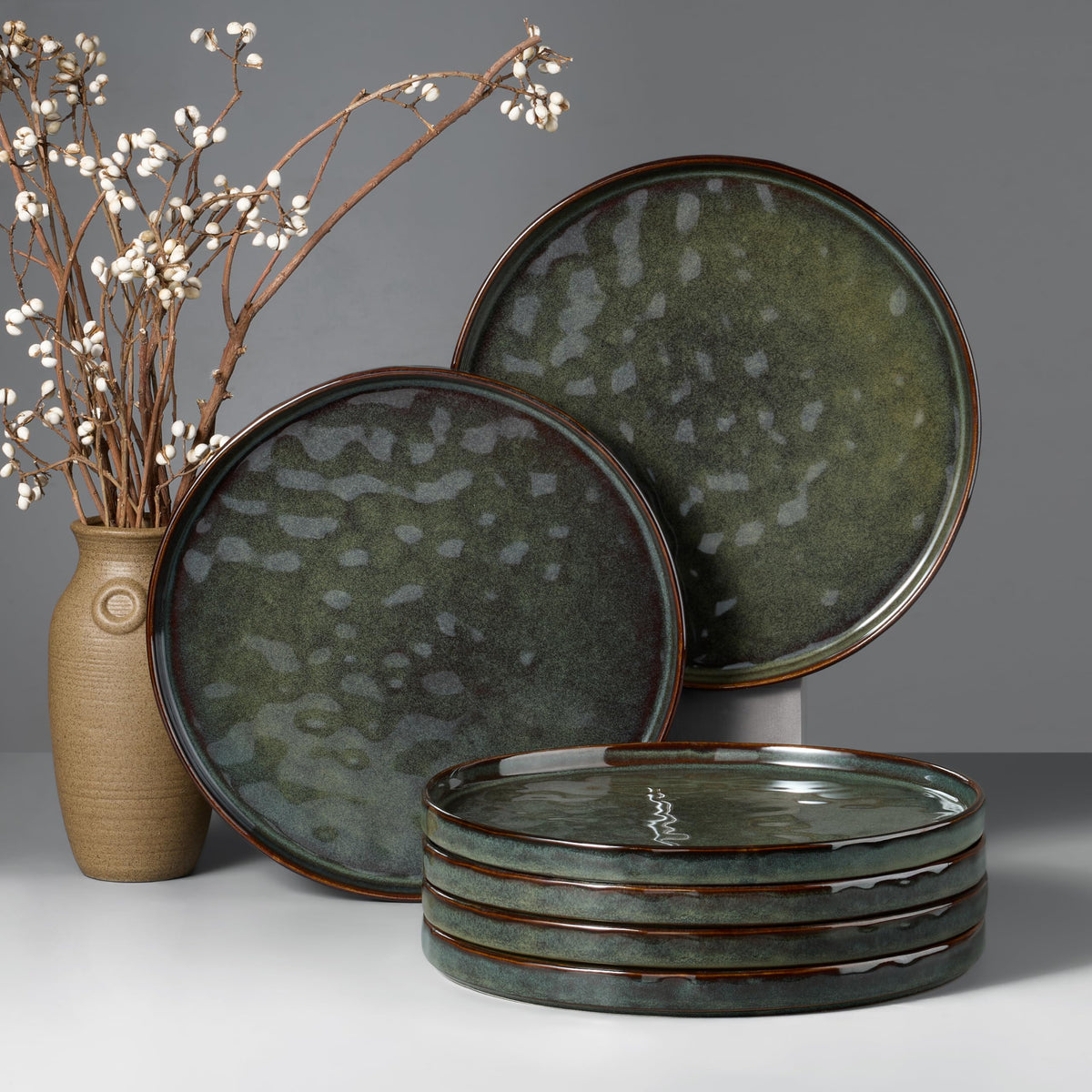HaWare Stoneware Dinner Plates Set of 6, 10" Heavy Duty Ceramic Plate, Reactive Glaze Ripple Dinnerware for Home Restaurant, Chip and Scratch Resistant, Microwave and Dishwasher Safe, Matte Black