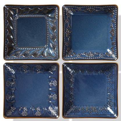 Artena Ceramic Square Dessert Plates Set of 4, 6 Inch Embossed Appetizer Plates for Snack, Bread, Sauce & Side Dish – Microwave & Dishwasher Safe, Scratch Resistant, White, Damask Floral