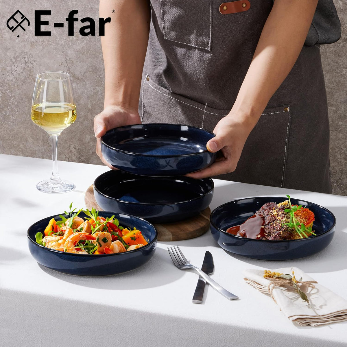 E-far Blue Pasta Bowls Set of 4, 35oz Double Reactive Glaze Stoneware